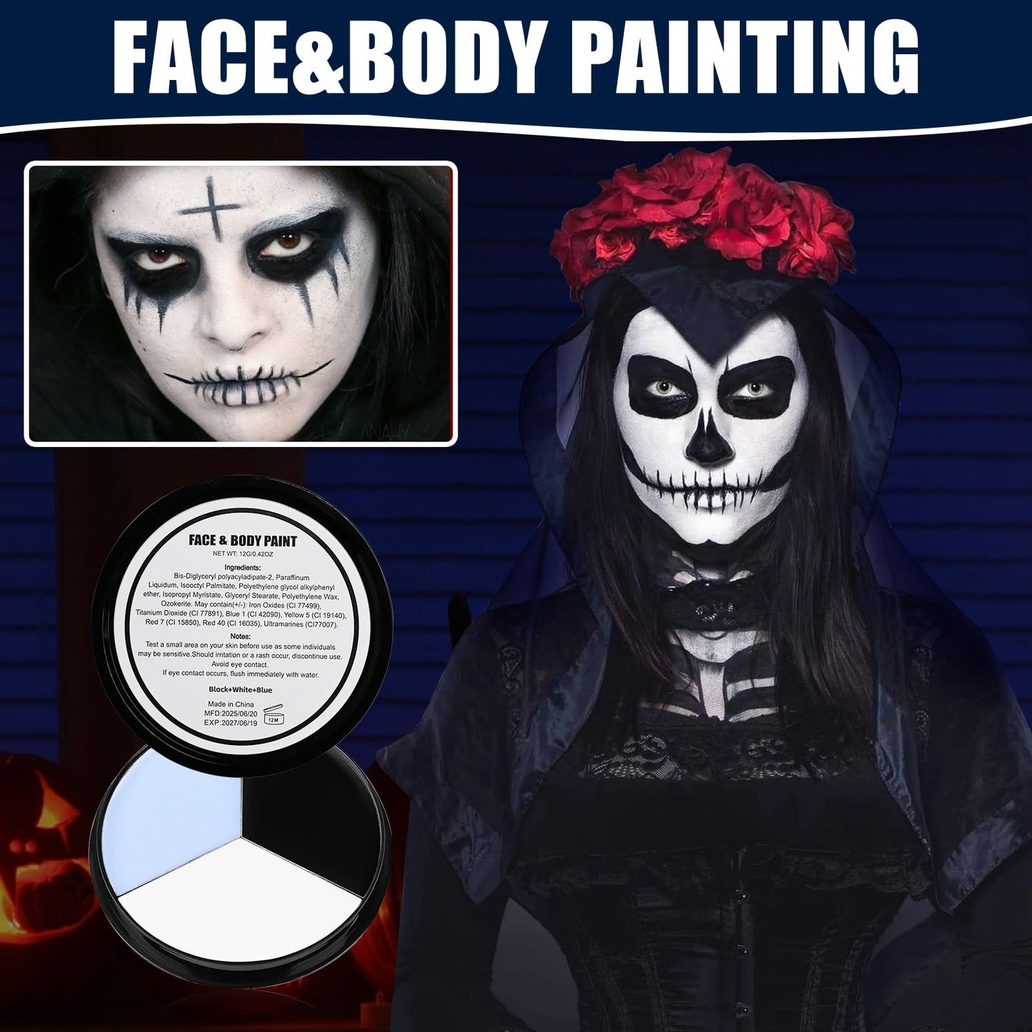 VPCRT6 White Black Blue Halloween Face Body Paint with 3PCS Sponge and 1PC Brush, for Baseball Sports(Eye Black) & Halloween, Face Painting Kit