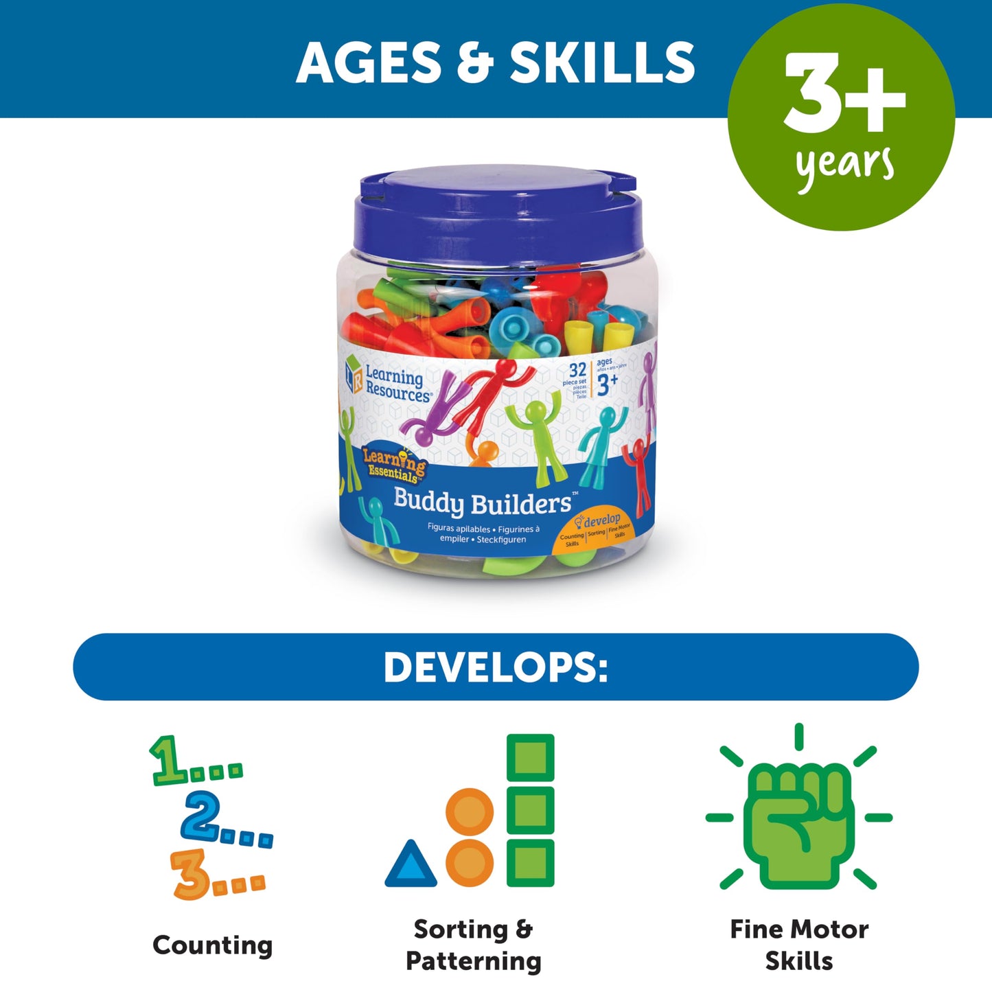 Learning Resources Buddy Builders,32 Pieces, Ages 3+, Fine Motor, Hand Eye Coordination Toy, Fine Motor Skills,Social Emotional Learning Toys