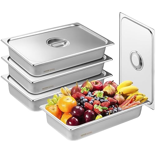VEVOR 4 Pack Stainless Steel Hotel Pans with lid,Full Size 4 Inch Deep 0.8mm Thick Anti-Jam Commercial Food Pans for Steam Tables, Restaurants…