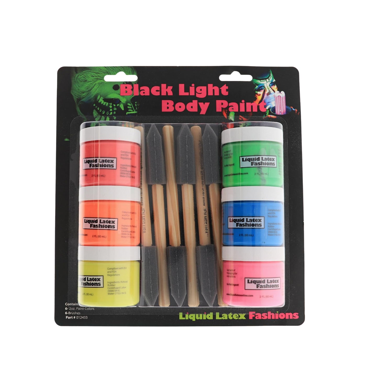 Liquid Latex Black Light Body Paint Kit - 6 UV Reactive Colors + 6 Brushes, Red, Orange, Yellow, Pink, Green, and Blue, Body Paint for Parties, Raves