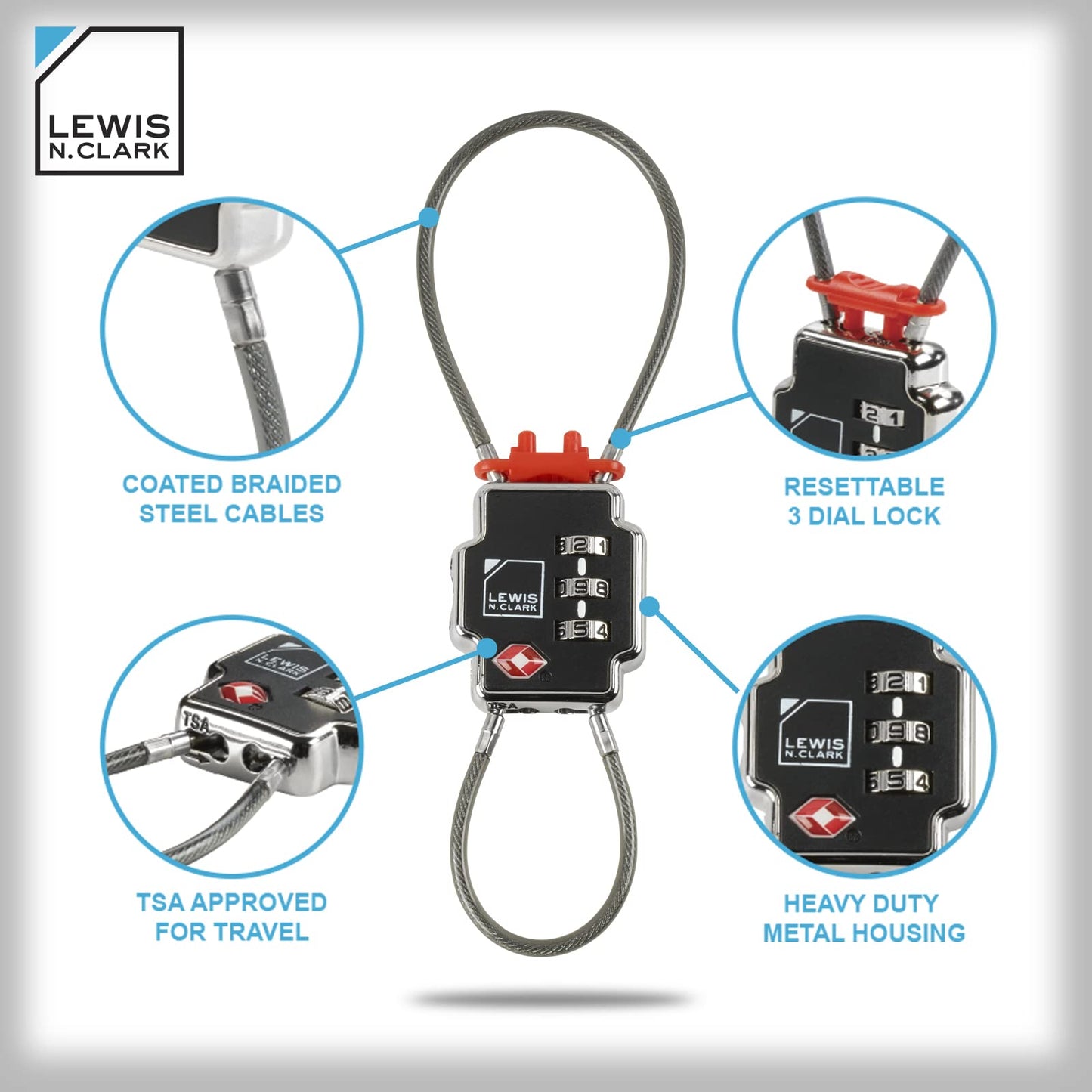 Lewis N. Clark Triple Security TSA Lock – Resettable 3-Dial Combination Padlock, Durable Travel Lock, Black (1 Pack)