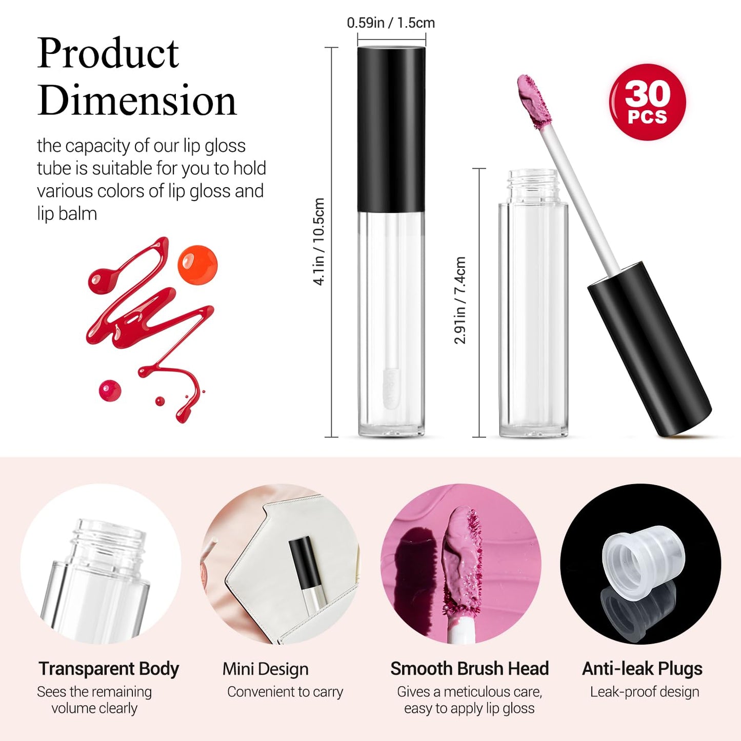 KPX 30 Pcs lip Gloss Tube Containers Bulk Wand 10ml Empty Clear Pink Lip Oil Tubes Refillable Lip Balm Bottles with Rubber Insert for DIY Makeup Such
