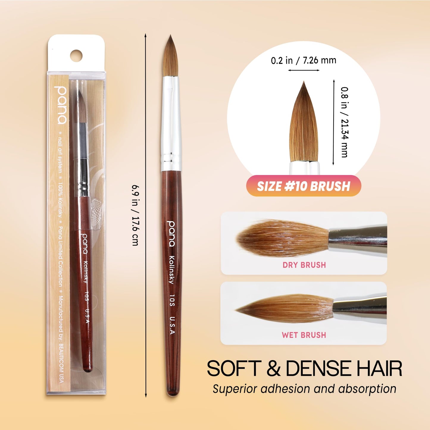 PANA Pure Kolinsky Hair Acrylic Nail Brush - Oval Crimped Shape Silver Ferrule with Mahogany Wood Handle (Size 10) - Nail Extension Manicure Pedicure Beauty & Personal Care PANA