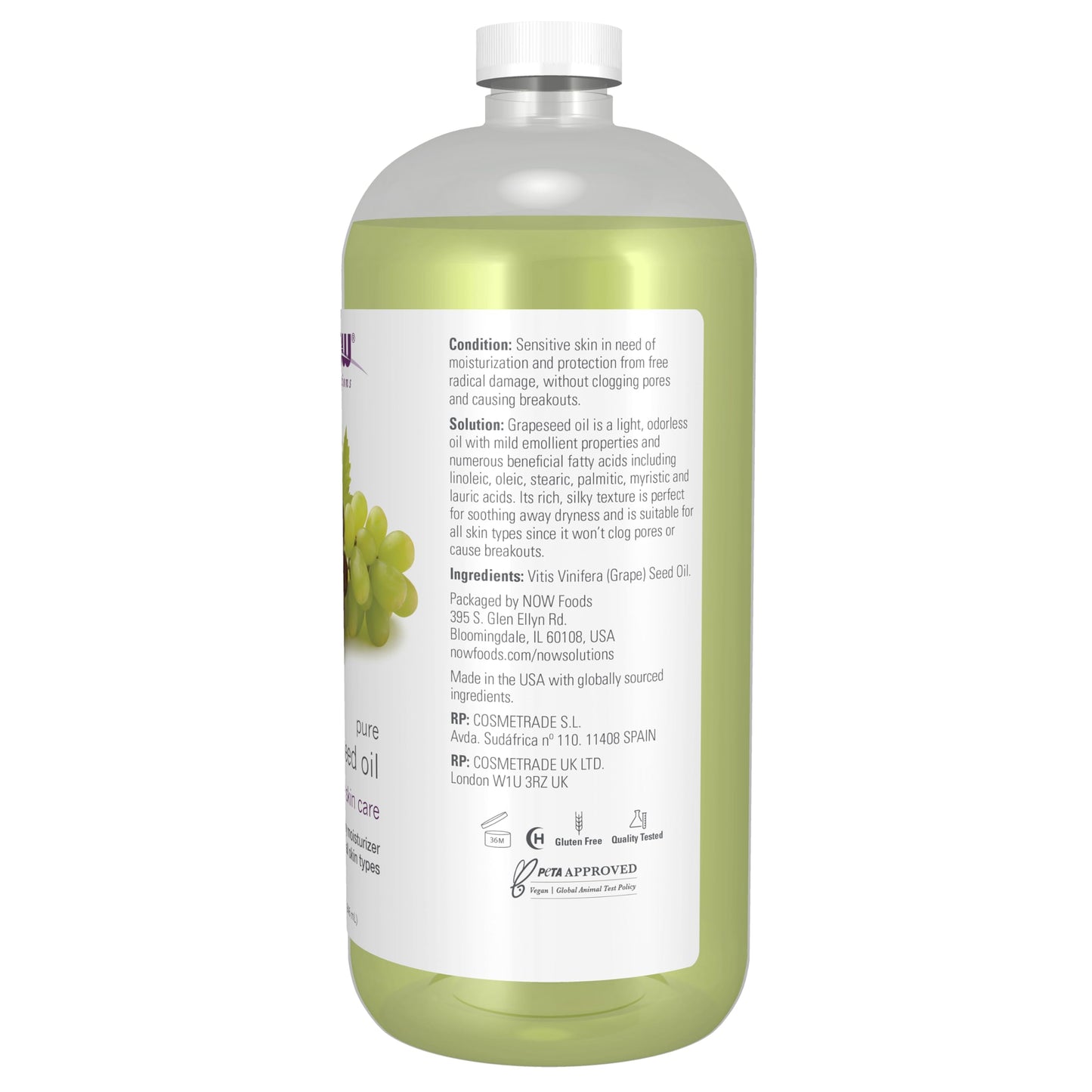 NOW Solutions, Grapeseed Oil, Skin Care for Sensitive Skin, Light Silky Moisturizer for All Skin Types, 32-Ounce