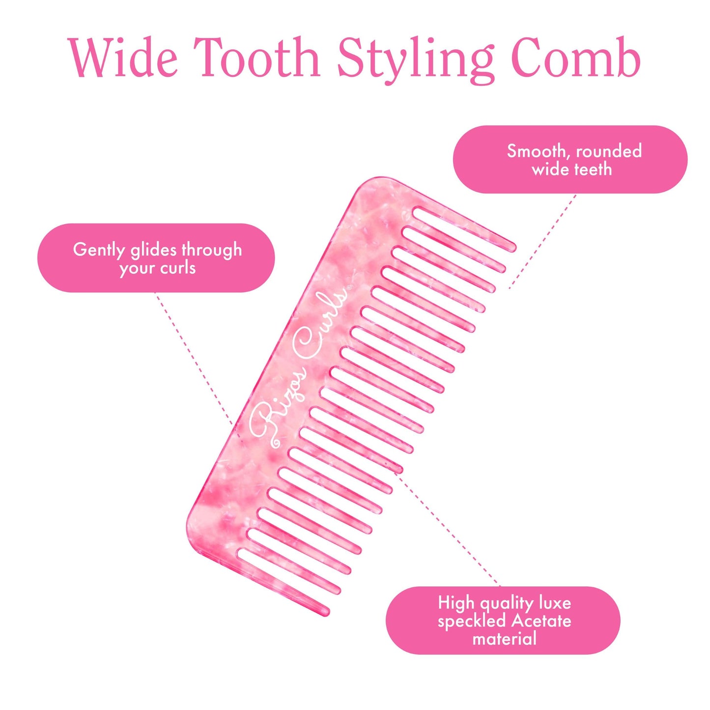 Rizos Curls Wide Tooth Shower Comb for Detangling, Parting & Styling, Gentle for all Hair Textures, Pink