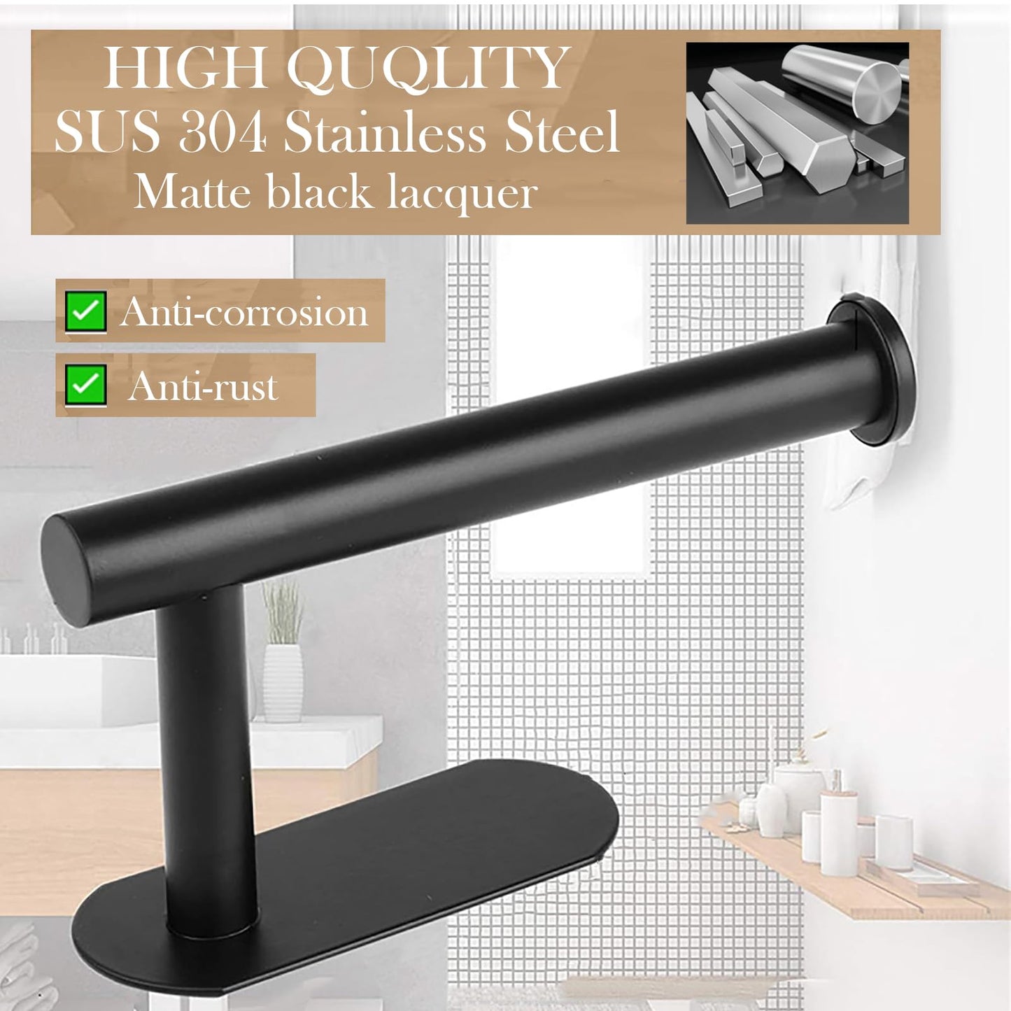 JOPOFI Self Adhesive Toilet Paper Holder – No-Drill Wall Mount, SUS 304 Stainless Steel, Matte Black Bathroom Roll Holder
