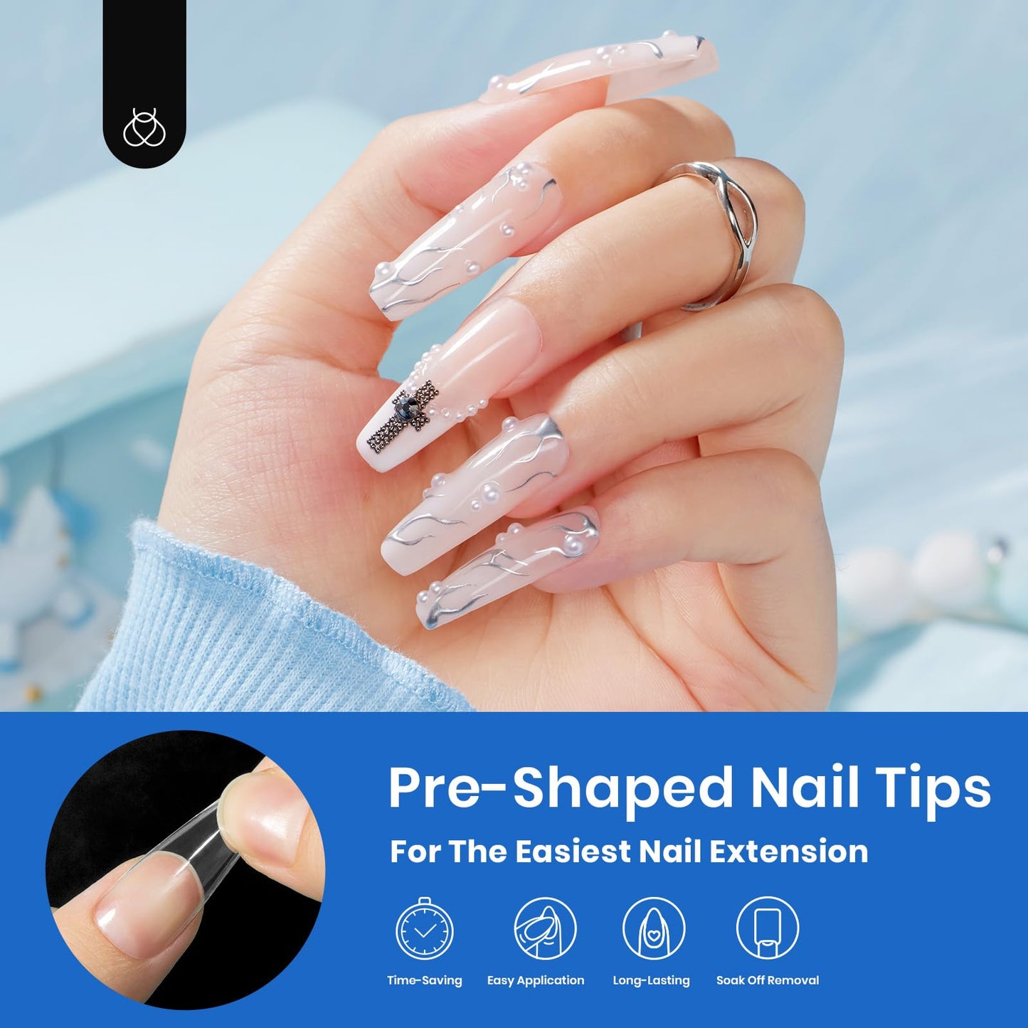 Beetles Acrylic Nails Kit 500Pcs Long Coffin Pre-Shaped Clear Full Cover Soft False Nails, Nail Tips Soak Off Easy Nail Extension Set for DIY Nails