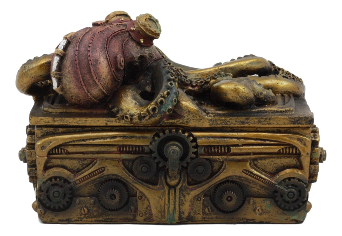 Ebros Faux Bronze Steampunk Octopus On Pirate Treasure Chest Decorative Jewelry Box Figurine Gas Mask Kraken Foot Soldier Warrior Statue