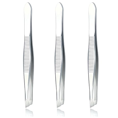LUXXII (3 Pack) Slant Tweezers - Precision Stainless Steel Slant Tip Tweezers Hair Plucker for Hair and Eyebrows Personal Care (Silver Tone)