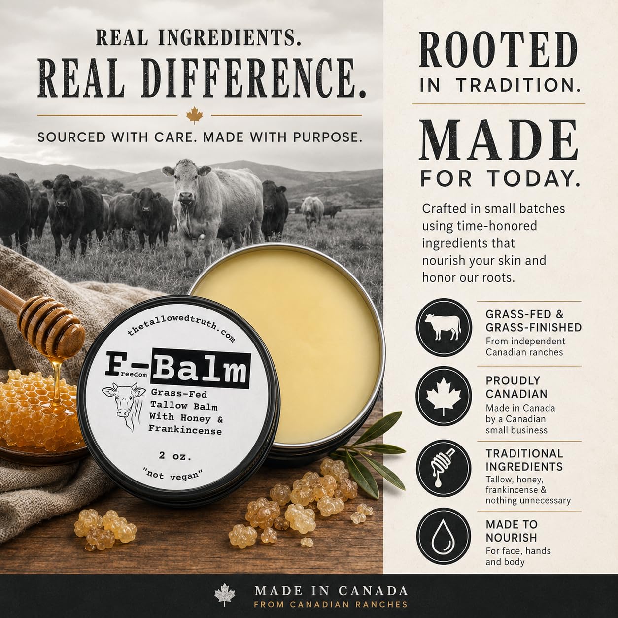 Tallowed Truth Original Tallow Balm - Grass-Fed Beef Tallow for Skin & Face - 5 Ingredient Moisturizer - 2 oz - Tallow Face Cream Made in Canada