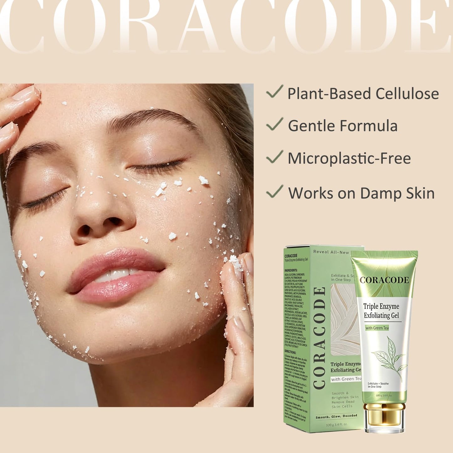 Triple Enzyme Green Tea Exfoliating Aqua Peel Gel, Deep Pore Face Exfoliant, Gentle Facial Exfoliator, Dead Skin Remover, Natural Cellulose Beauty and Personal Care CORACODE