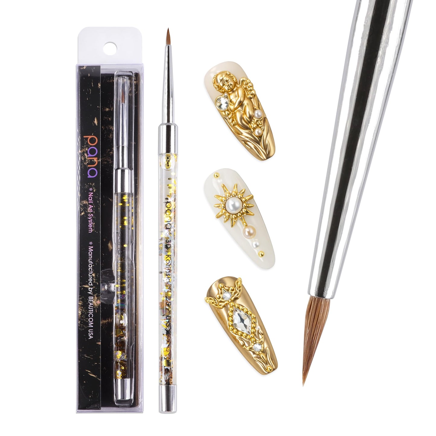 PANA 3D Kolinsky Nail Art Brush - Gold Glitter Handle, Size 2 - Acrylic Nail Art Sculpture Brush for Manicures Pedicure Salon Professional or Beginner Beauty & Personal Care PANA