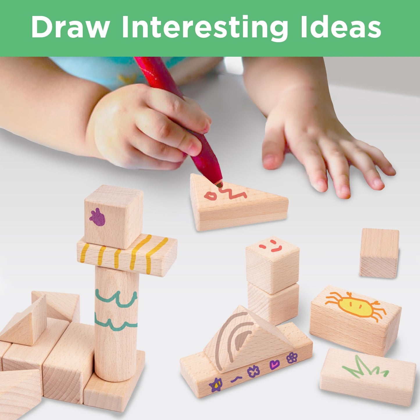 iPlay iLearn Wooden Building Block Set – Large Natural Wood Montessori Stacking Bricks for Toddlers & Kids Ages 2-8, Preschool Gift