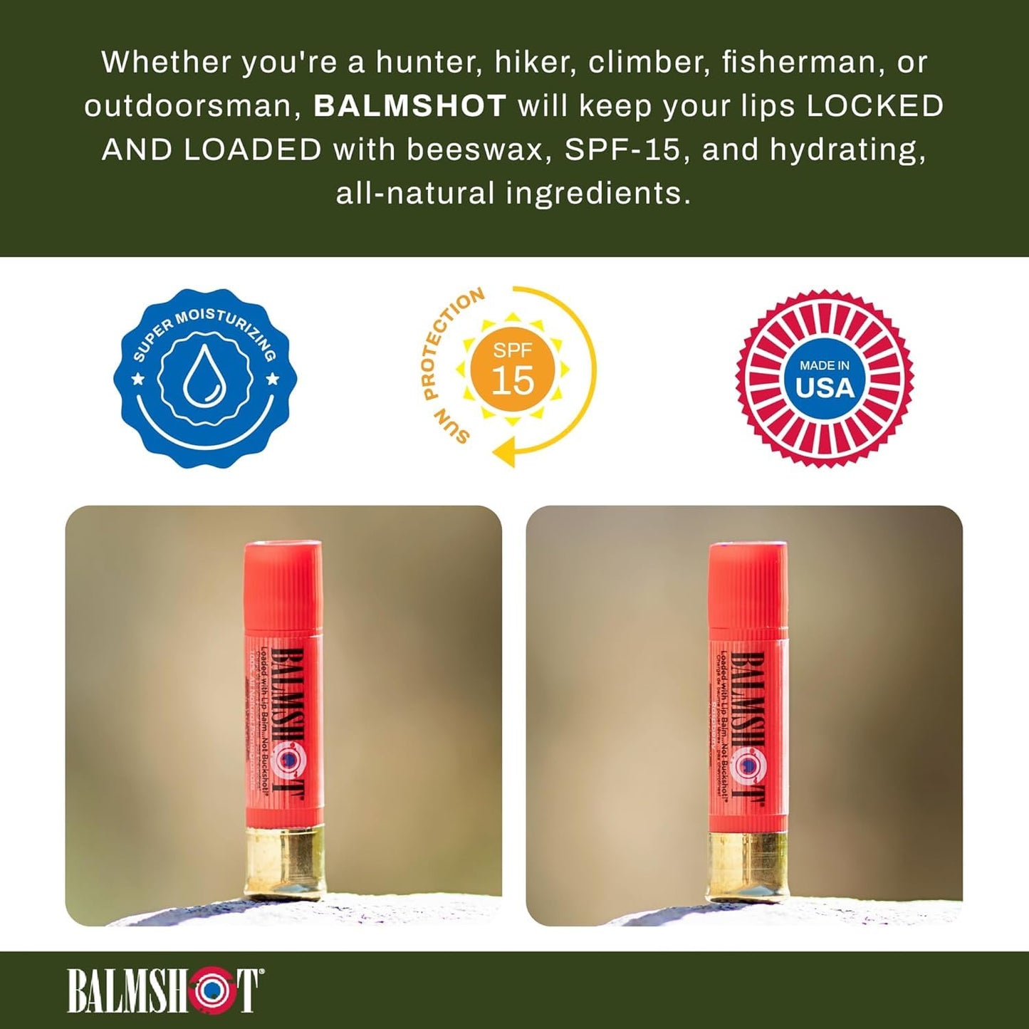 BALMSHOT Lip Balm 4-Pack - Fruit Combo Variety Pack - (2) Pomegranate & (2) Raspberry - SPF 15 Beeswax Formula - 20-Gauge Brass Shotgun Shell Tube