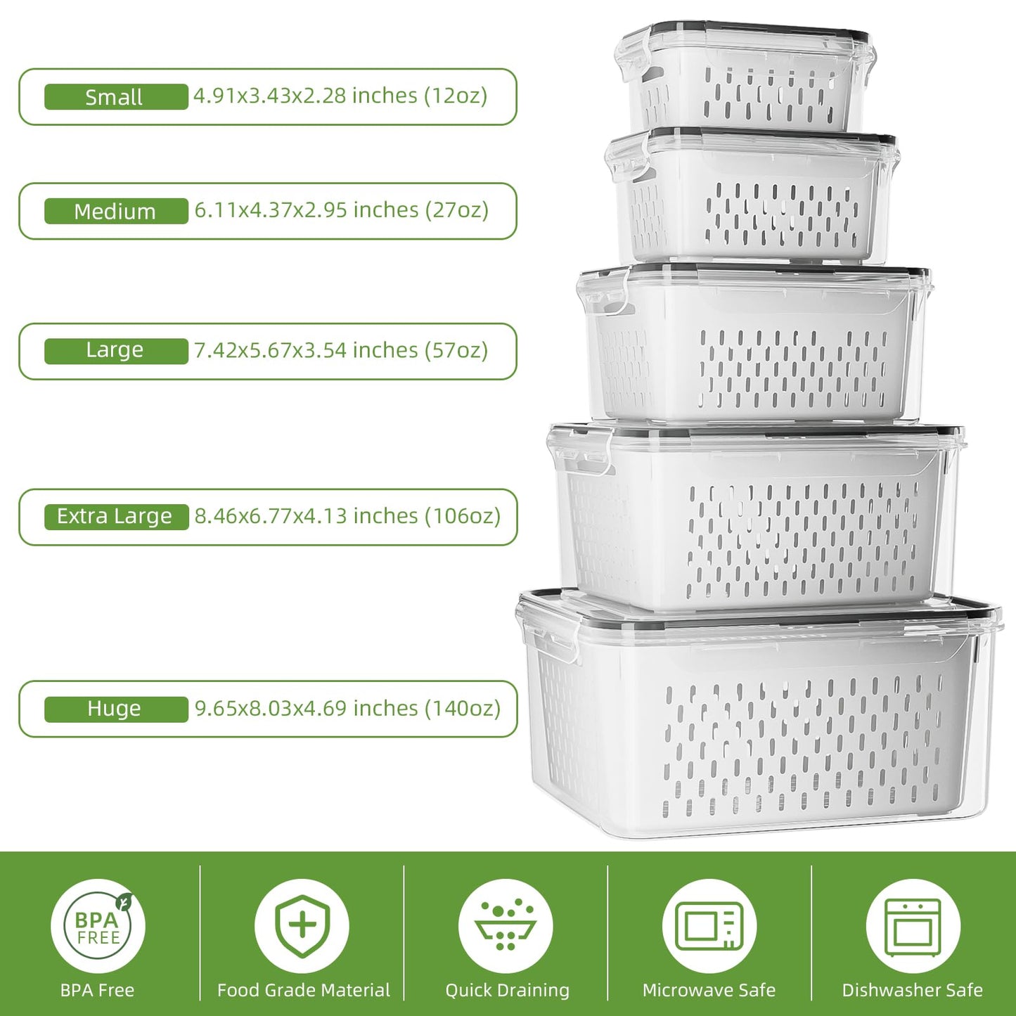 KEMETHY 5 Pack Fruit Storage Containers for Fridge with Removable Colanders - Food Storage Containers with Lids, BPA-Free Produce Containers Keep…