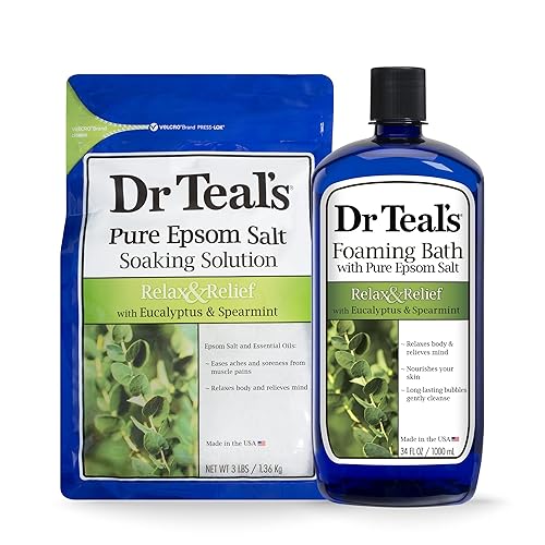 Dr Teal's Epsom Salt Soaking Solution and Foaming Bath with Pure Epsom Salt, Eucalyptus 3 Pound Bags, and 34 Ounce Bottle
