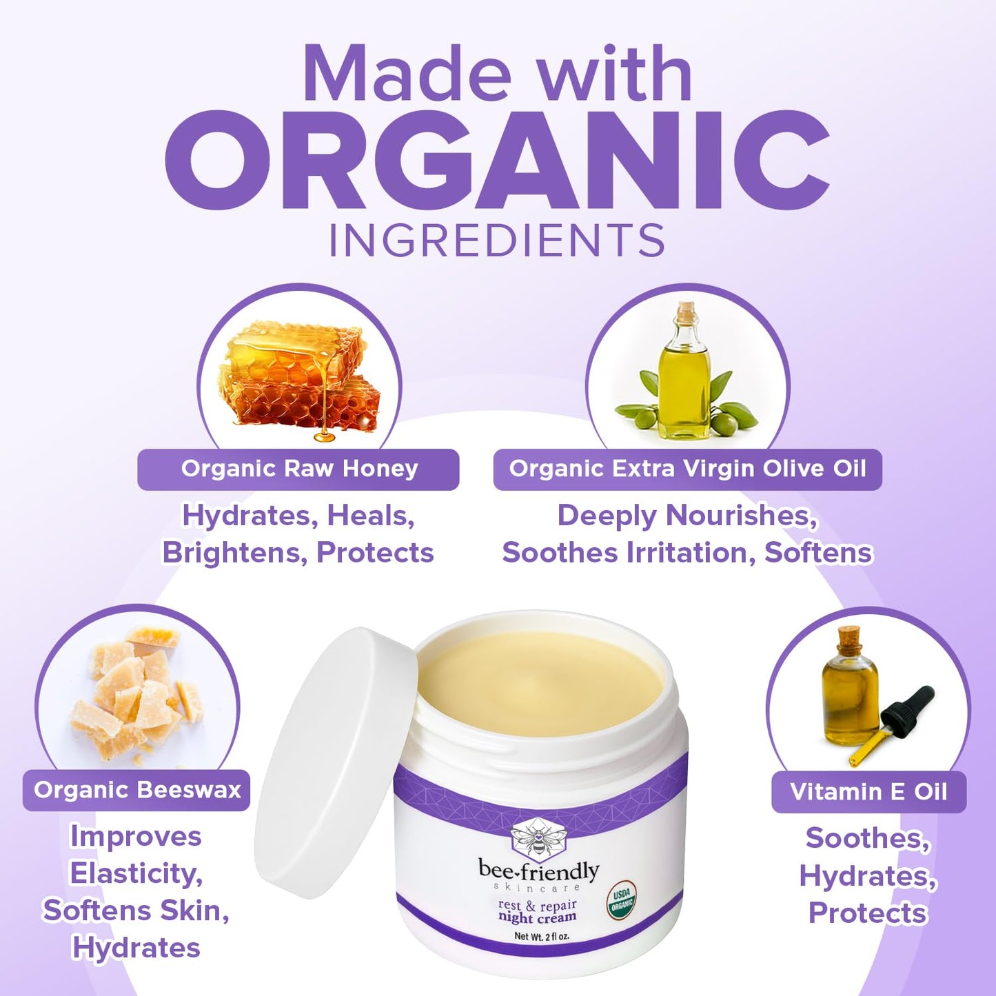 BeeFriendly Organic Night Cream, USDA Certified Organic, Deep Hydrating & Moisturizing Night Time Eye, Face, Neck & Decollete Cream for Women and Men