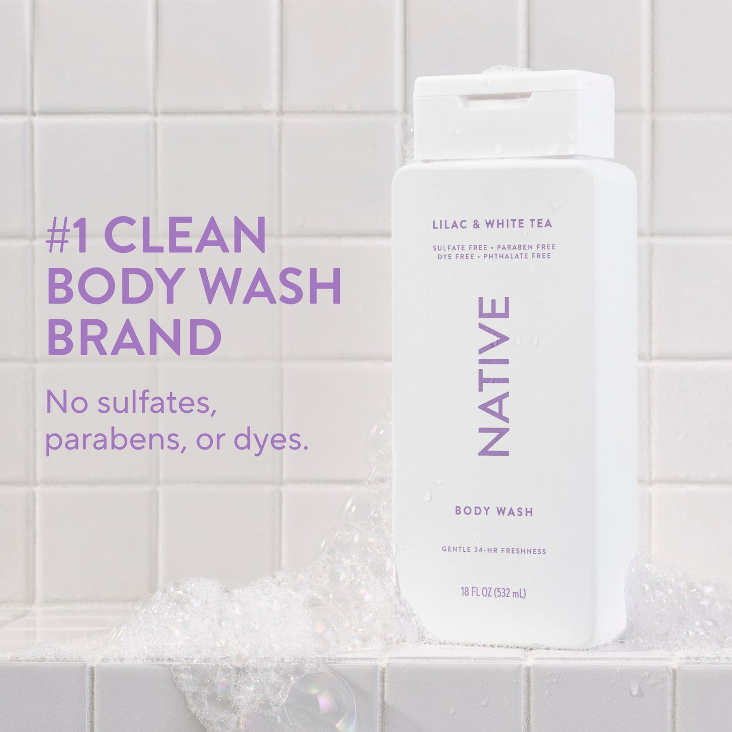 Native Body Wash Contains Naturally Derived Ingredients | For Women & Men, Sulfate, Paraben, & Dye Free Leaving Skin Soft and Hydrated | Lilac & White
