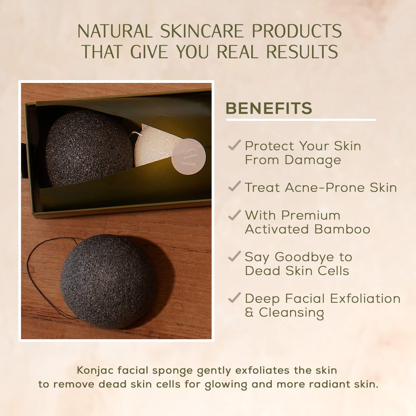CSM Organic Konjac Sponges 3-Pack for Gentle Exfoliating - Facial Cleansing Sponge with Activated Bamboo Charcoal to Clean Pores, Remove Impurities