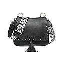 JEN & CO. M1970-BK.BK Bailey Studded Fringe Tassel Guitar Strap, Vegan Leather Crossbody Handbag Purse, Black/White