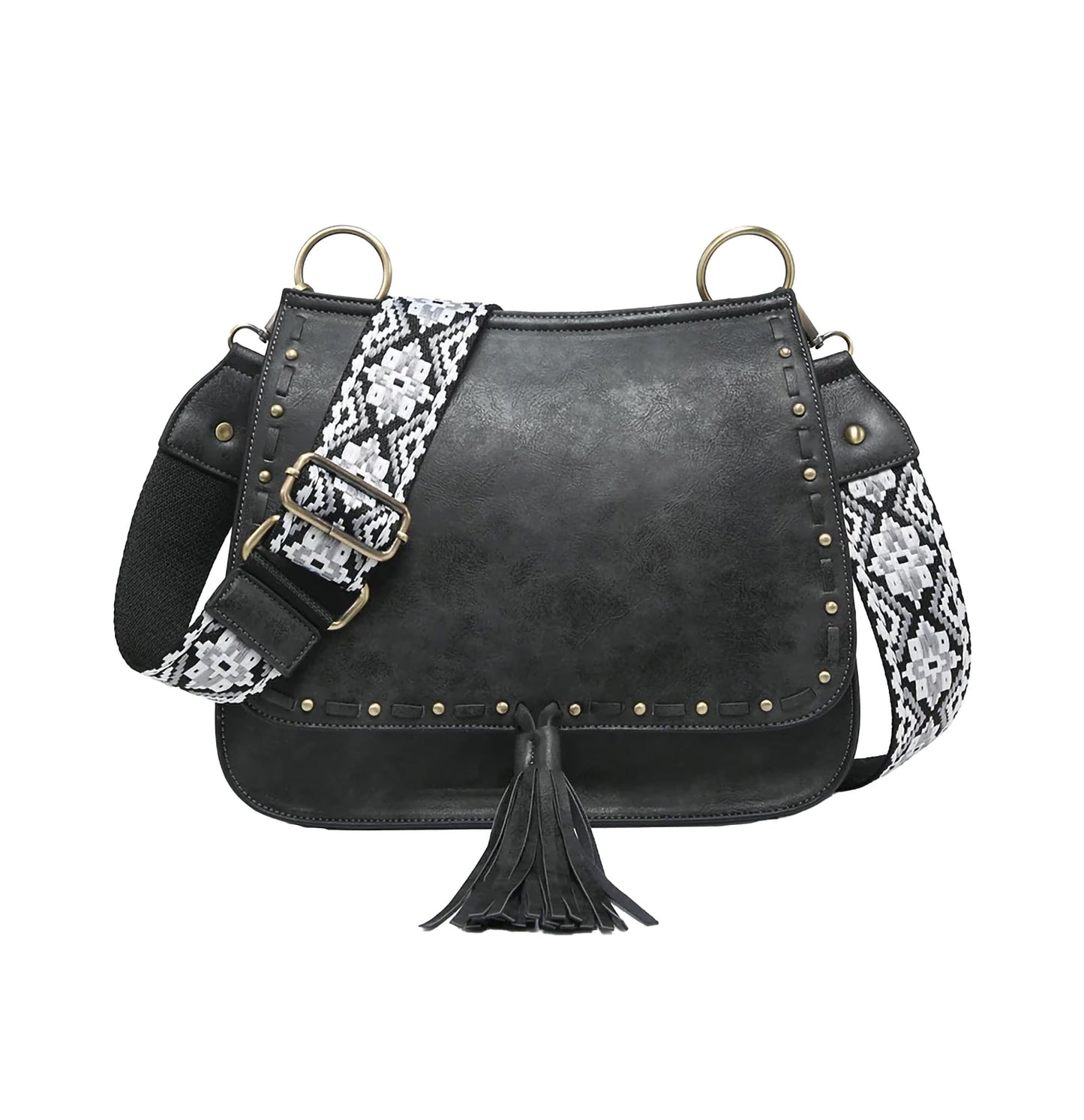 JEN & CO. M1970-BK.BK Bailey Studded Fringe Tassel Guitar Strap, Vegan Leather Crossbody Handbag Purse, Black/White