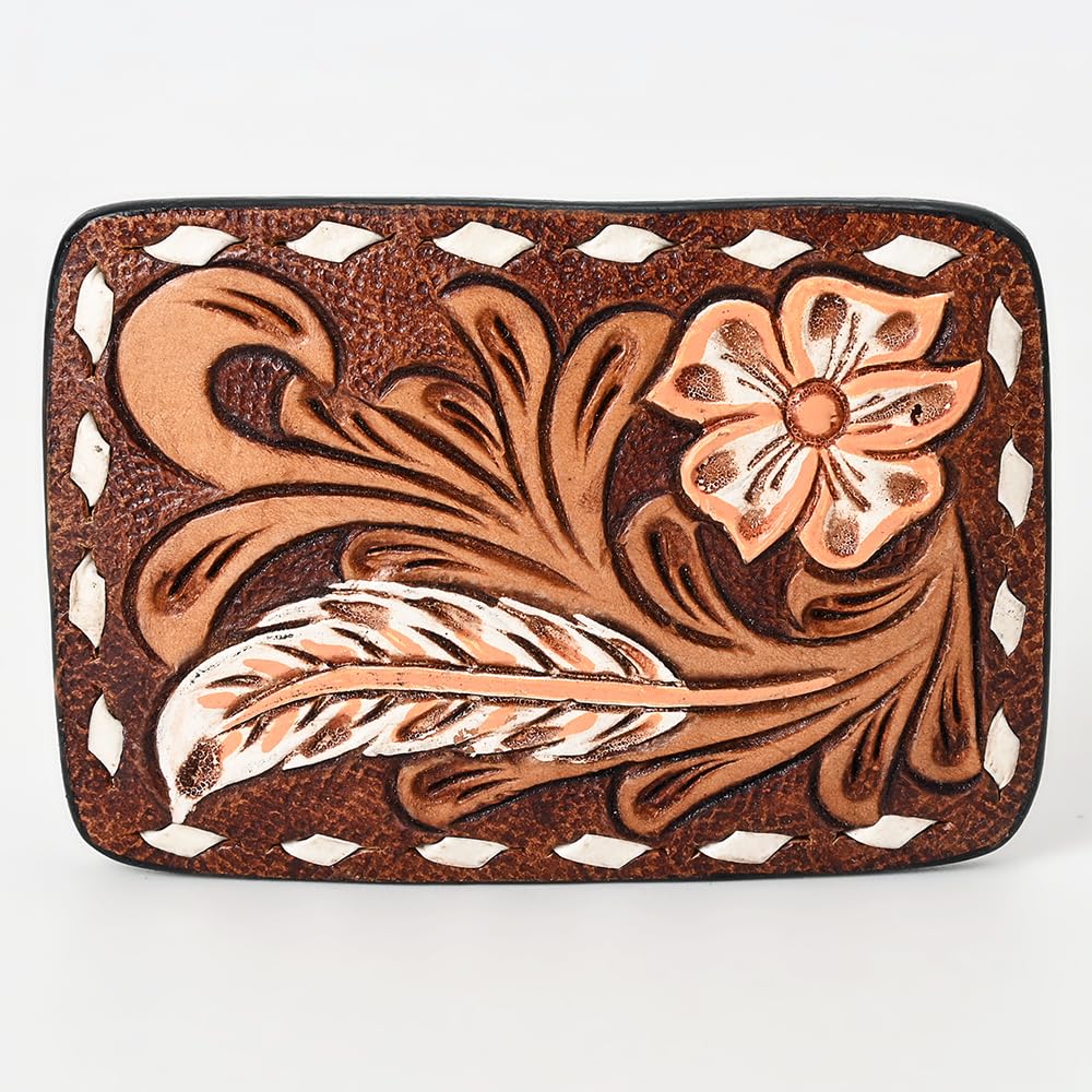 American Darling Floral Hand Carved Painted Belt Buckle Genuine Leather Covered Stylish Brown | Western