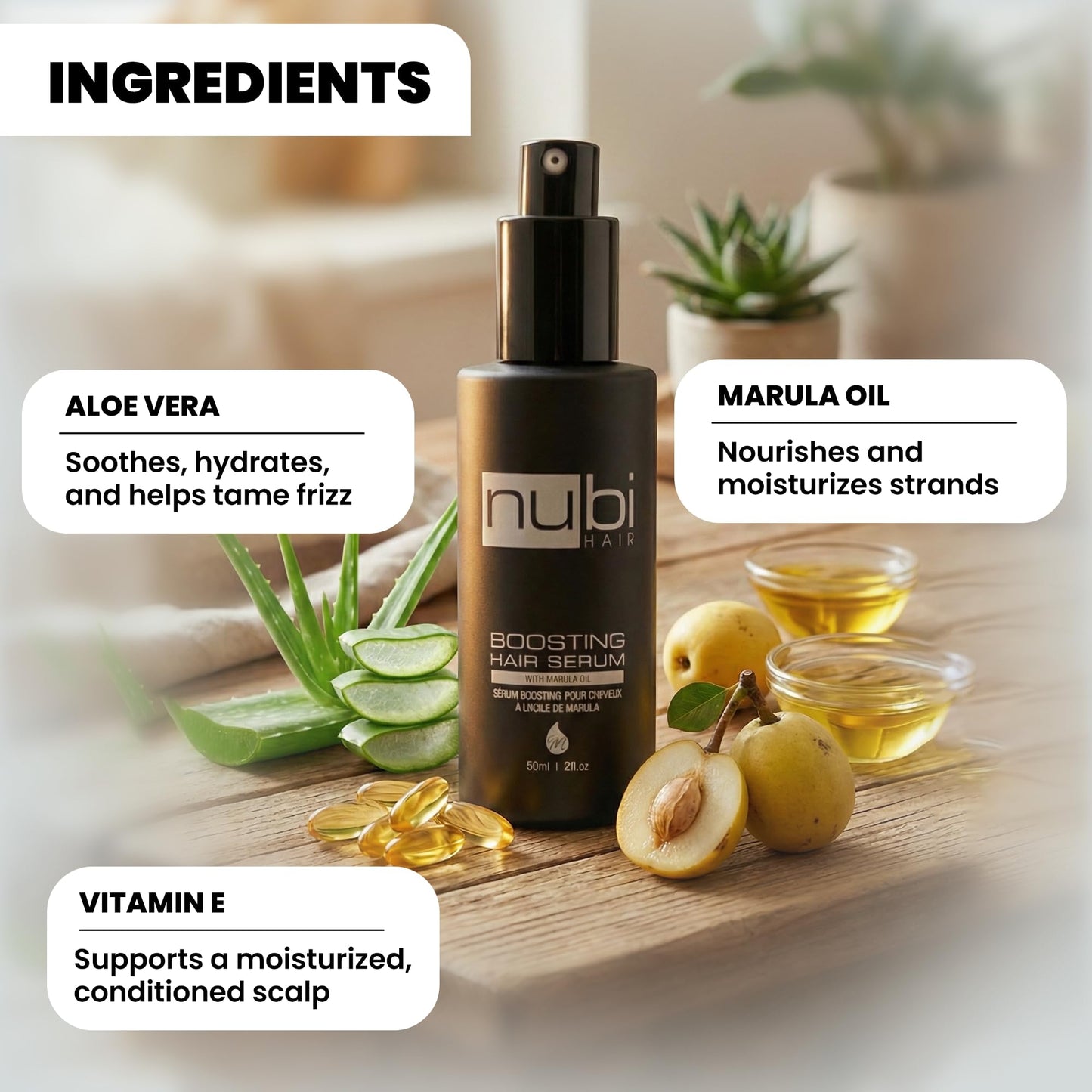 Nubi Hair Silky Smooth Hair Serum for All Hair Types, Contains Marula Oil, Aloe Vera and Vitamin E, Non-Greasy Formula, Boosts Shine and Promotes Hair