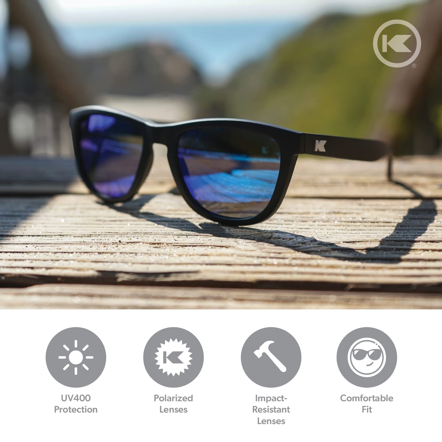 Knockaround Premiums Polarized Sunglasses for Men & Women - Impact Resistant Lenses & Full UV400 Protection, Matte Black Frames/Blue Reflective Lenses