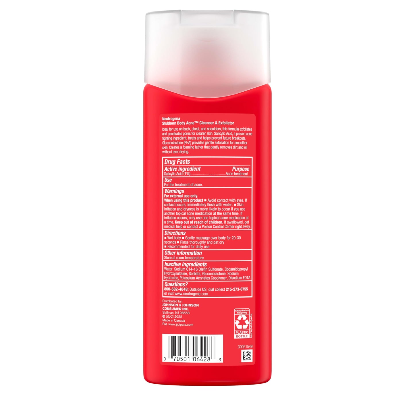 Neutrogena Salicylic Acid & PHA Stubborn Acne Body Wash, Exfoliating Cleanser Acne Treatment for Chest & Shoulder, Gently Clears, Exfoliates & Helps