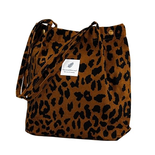 Corduroy Tote Bag Cute Tote Bags for Women Shoulder Bag with Inner Pocket for Work Beach Travel and Shopping Grocery (Leopard)
