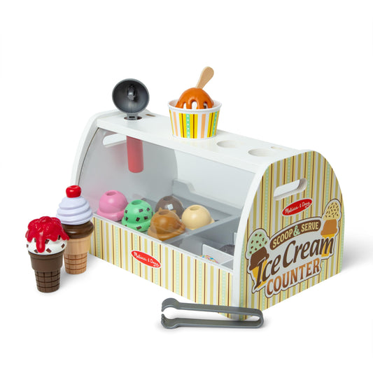 Melissa & Doug Wooden Scoop and Serve Ice Cream Counter (28 pcs) - Play Food and Accessories