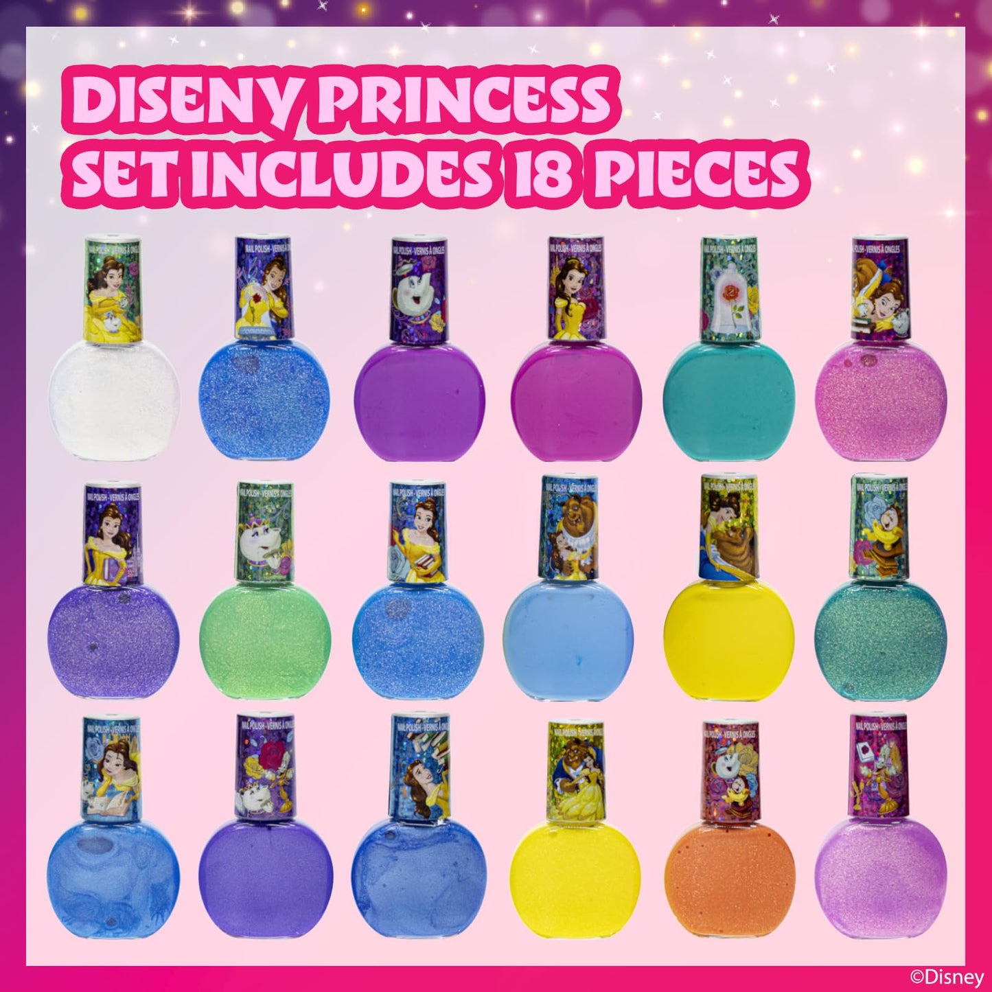 Townley Girl Disney Princess Belle 18 Piece Water-Based Nail Polish Set, Quick Dry and Peels-Off, Nail Paint Set for Girls, Perfect for Parties