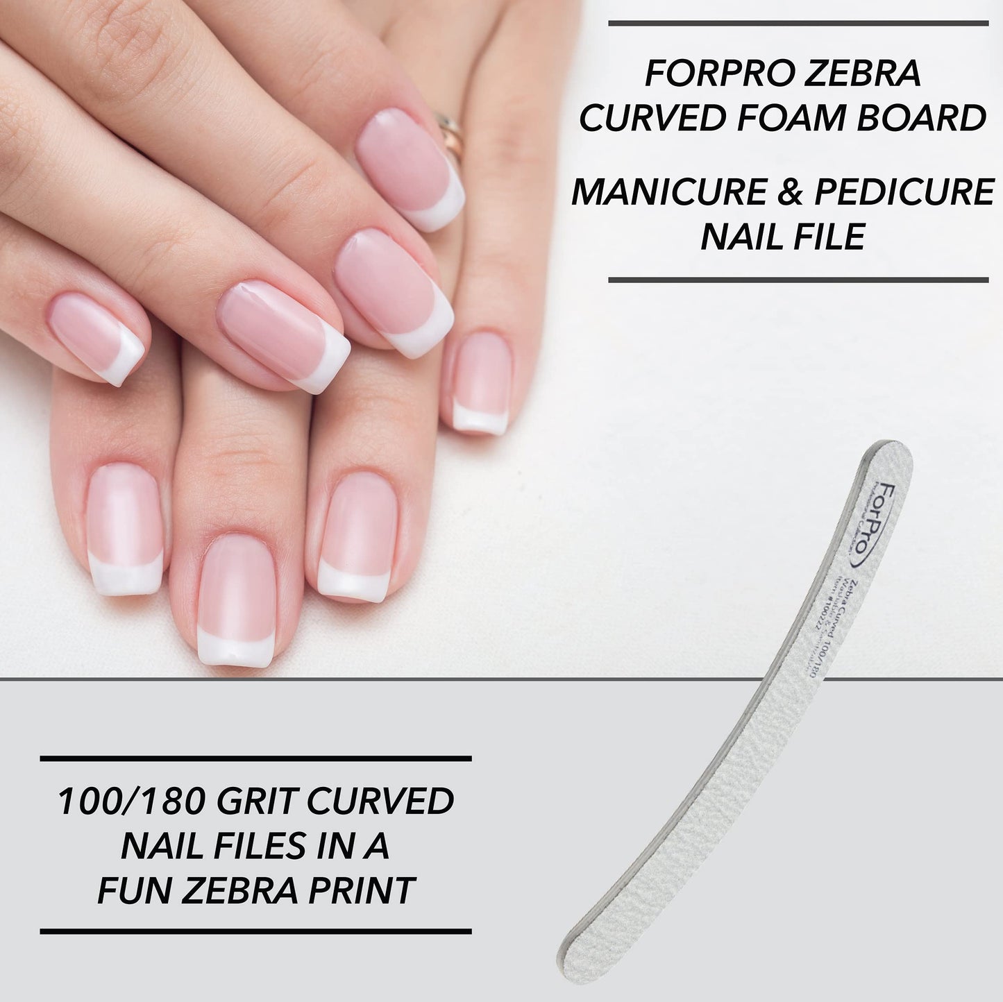 ForPro Professional Collection Zebra Curved Foam Board, 100/180 Grit, Double-Sided Manicure and Pedicure Nail Files, 7” L x .75” W, 50-Count