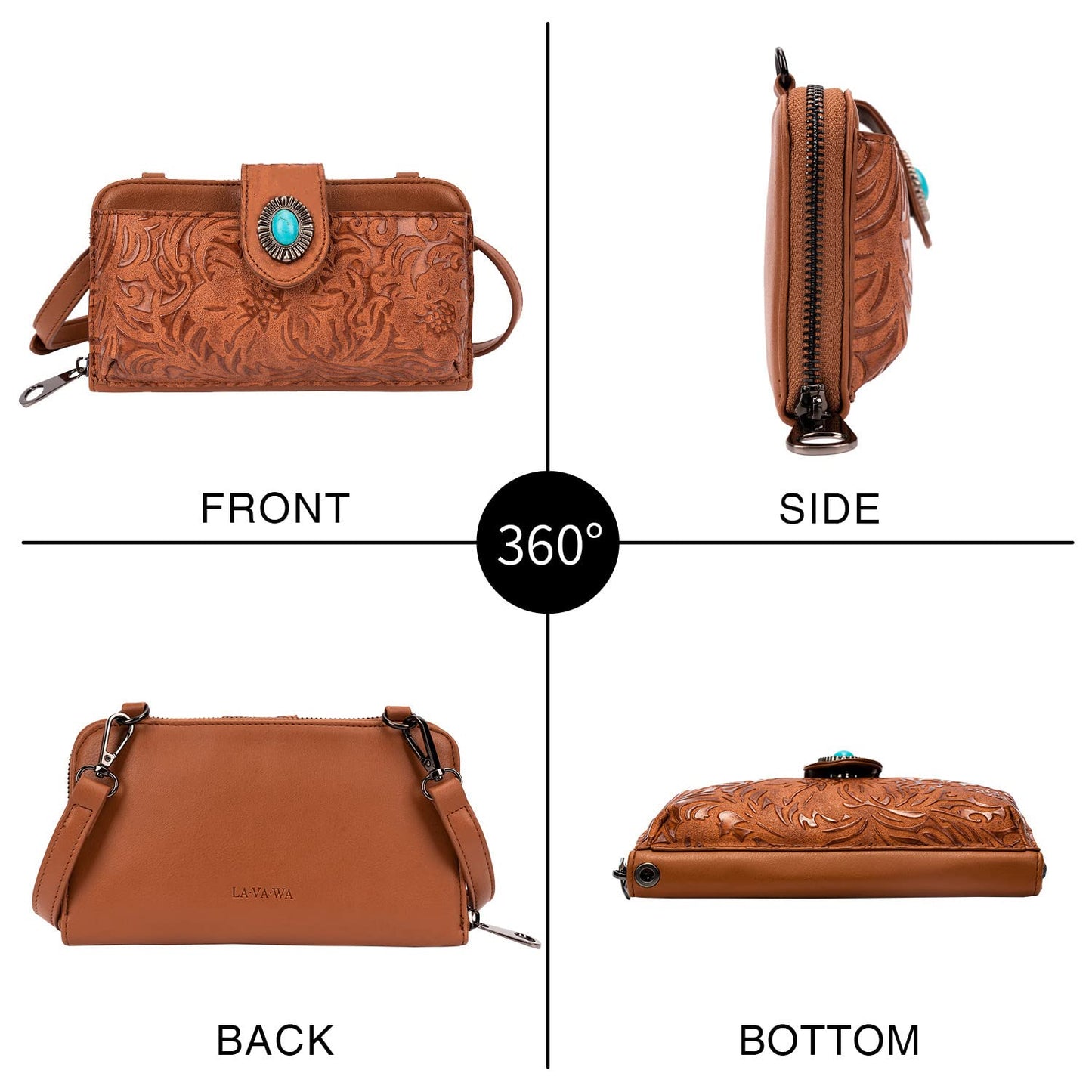 LAVAWA Women's Crossbody Handbag Small Vintage, Ladies Wallet Western Adjustable Phone Purse Clutch Turquoise Concho Embossed