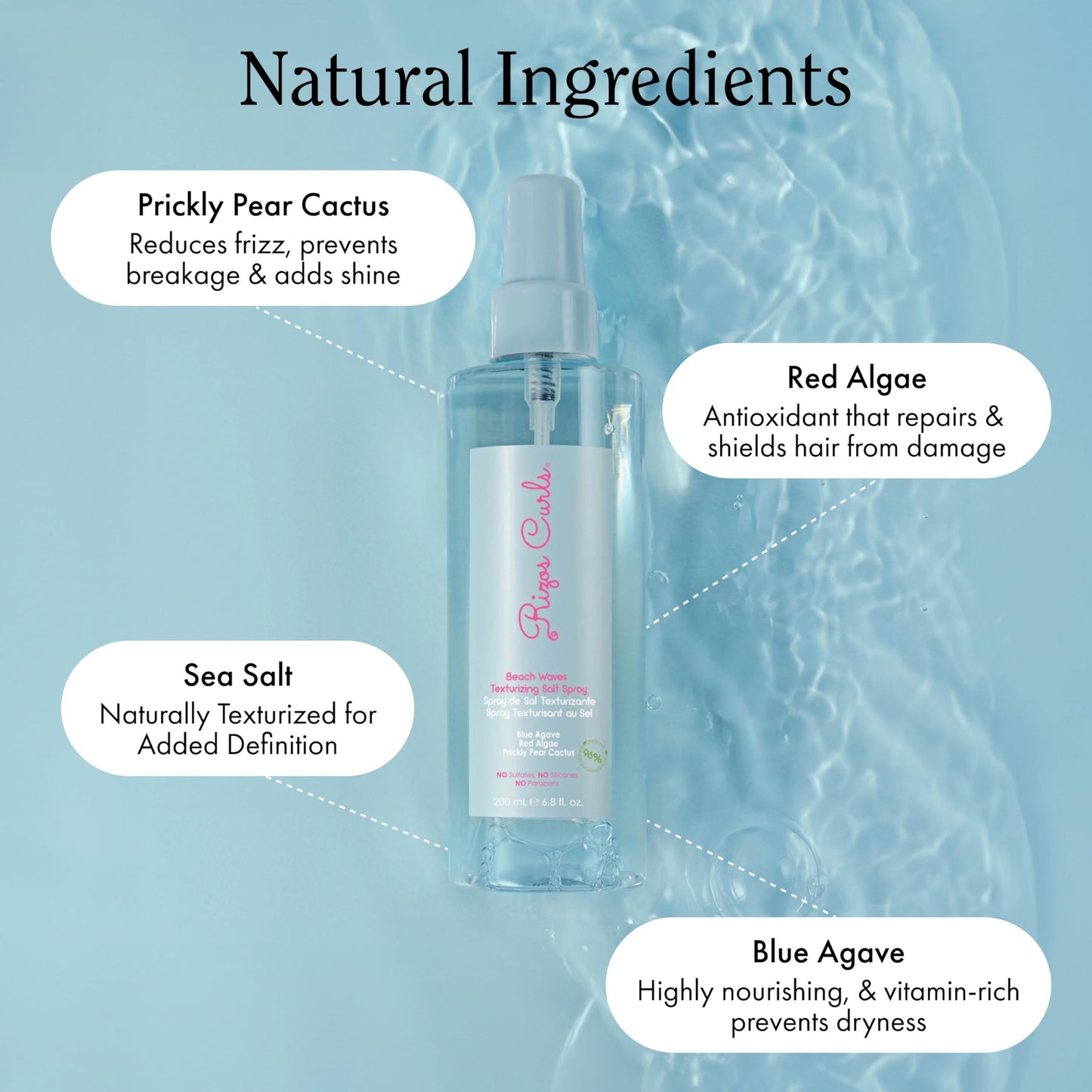 Rizos Curls Beach Waves Texturizing Salt Spray, Enhance Texture & Volume, Nourish and Enhance Definition with Blue Agave Extract, Red Algae & Prickly