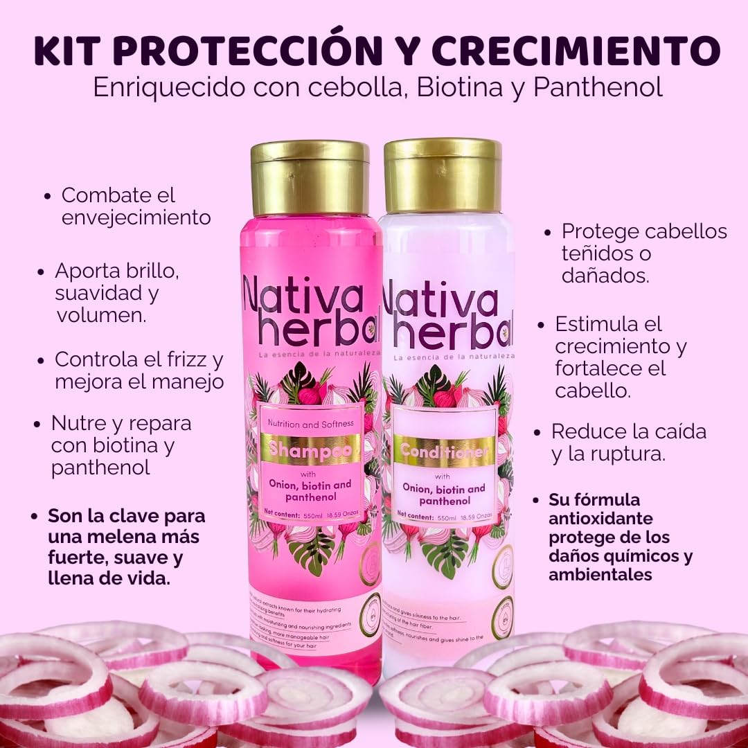 Nativa Herbal Onion shampoo and conditioner set with biotin and panthenol, natural growth formula, anti-frizz strengthening duo for thicker, stronger