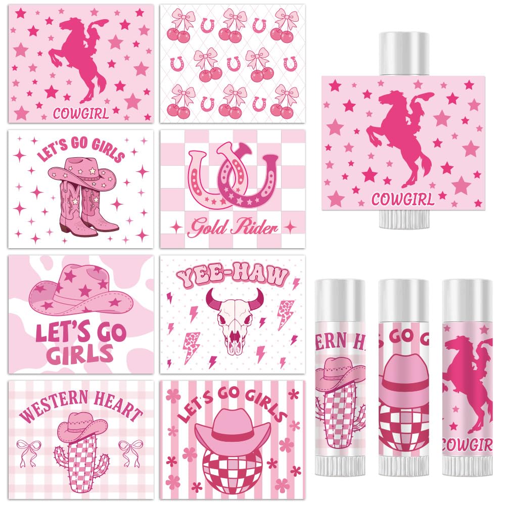 Peacoblue 160Pcs Lip Balm Labels Sticker for Tubes 2.1"x1.7" Western Pink Cowgirl Style, 8 Styles Waterproof Chapstick Labels Glossy for Homemade Lip Beauty and Personal Care peacoblue