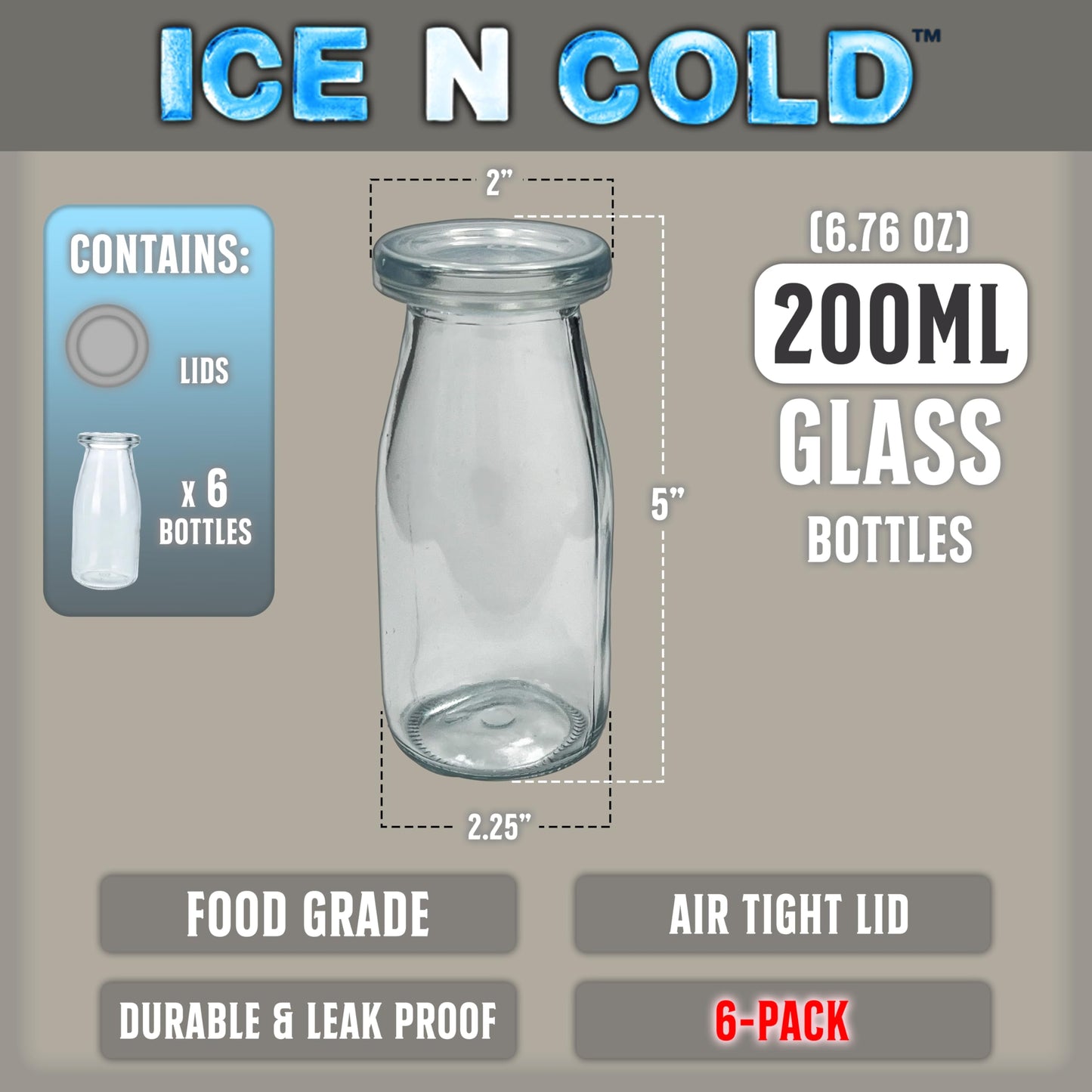 ICE N COLD 6.76 oz / 200ml Vintage Glass Bottle with Leakproof Clear Lid, Reusable & Eco-Friendly - Ideal for Milk, Juices, Smoothies, Infused Water