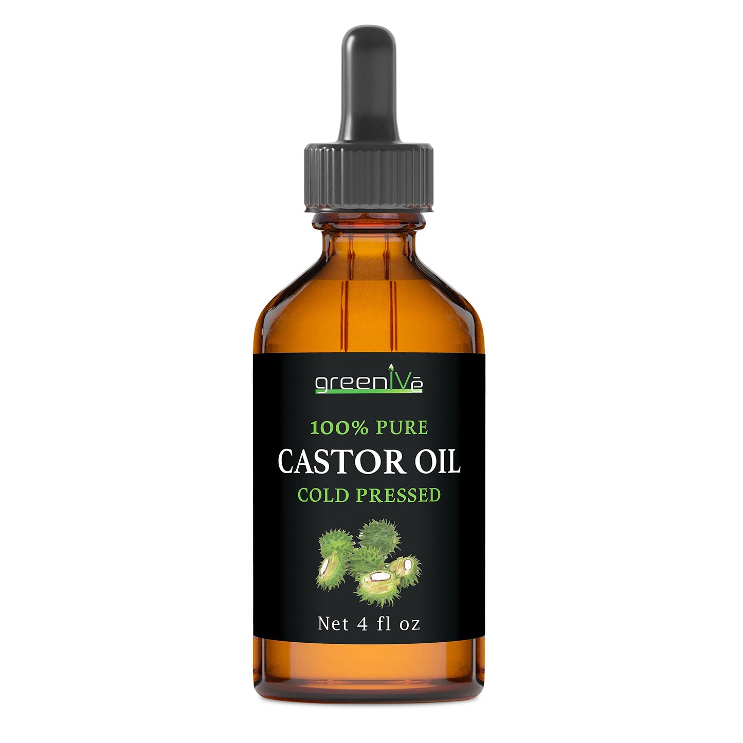 GreenIVe Castor Oil 100% Pure 4 fl oz Bottle Cold Pressed, Hexane Free, Eyelash and Eyebrow Growth Serum, Skin Moisturizer Detox and Wraps