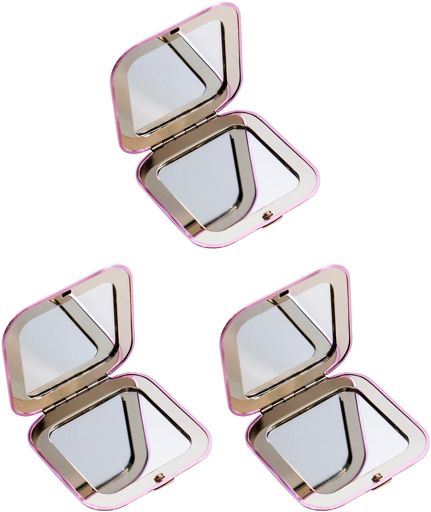 Set of 3 Contemporary Square Clamshell Compact Mirrors with Reflective Finish (Pink)
