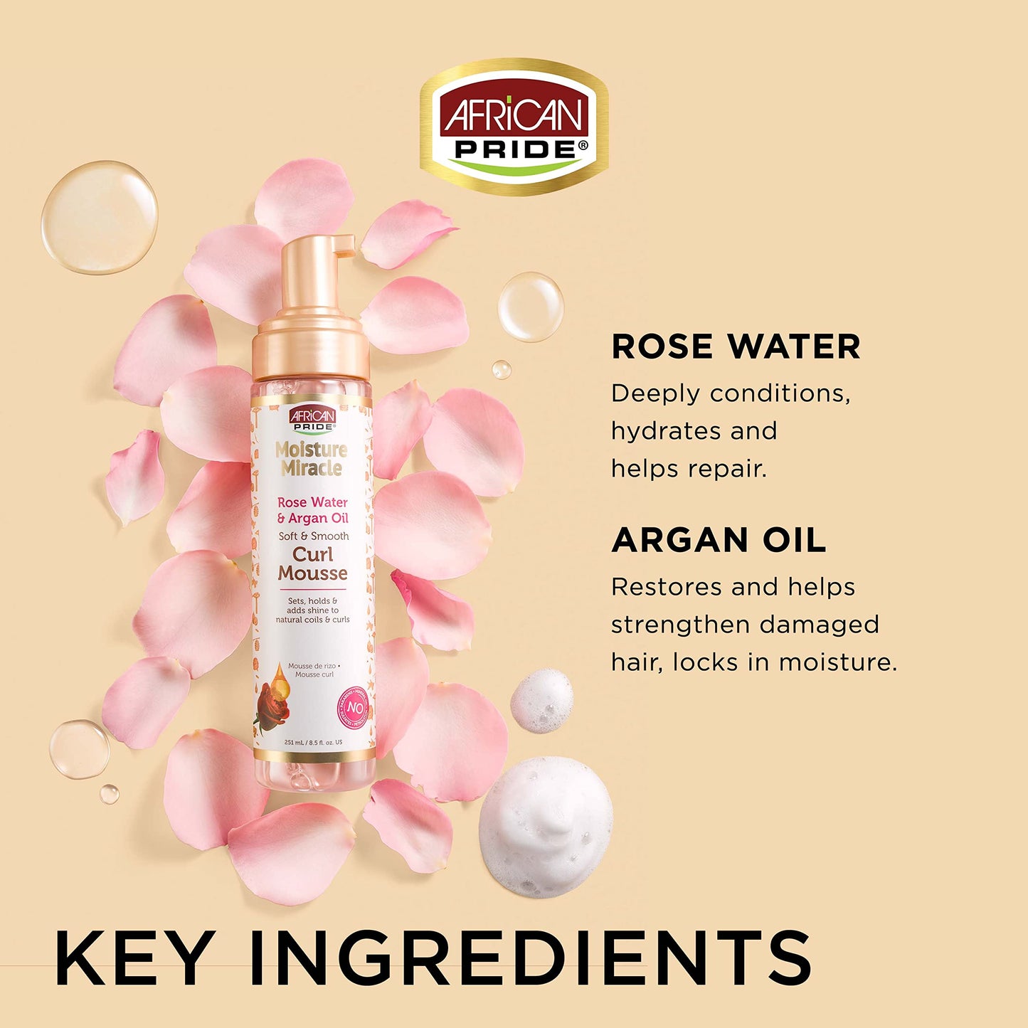 African Pride Moisture Miracle Rose Water & Argan Oil Curl Hair Mousse, Flexible Hold, Enhances Curls, Creates Wave Patterns, No Residue, Deep