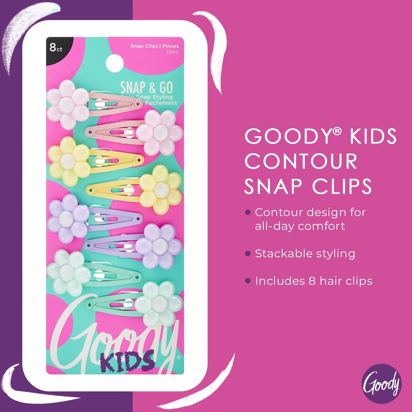 Goody Kids Mini Epoxy Contour Snap Clips - 8 Count, Daisy Charm - Just Snap Into Place - Suitable for All Hair Types - Pain-Free Hair Accessories