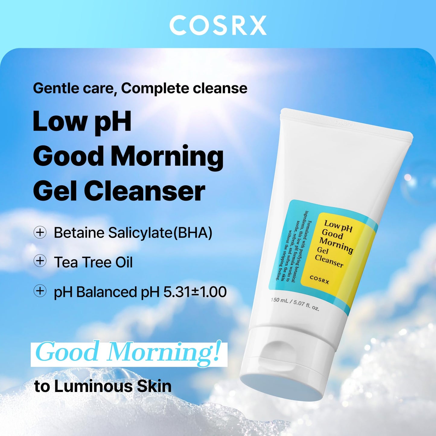 COSRX Low pH Good Morning Gel Face Cleanser, 5.07 fl oz, BHA Face Wash, Daily Mild Face Cleanser for Sensitive Skin, PH Balancing, Korean Skin Care