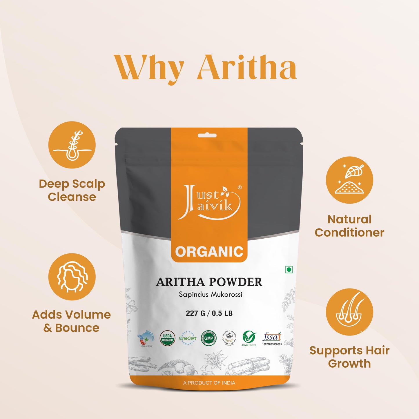 100% Organic Certified Aritha Powder (Soap Nut Powder) 227g /0.5 LB/ 08oz - Organic Hair Cleansing and Conditioning Product