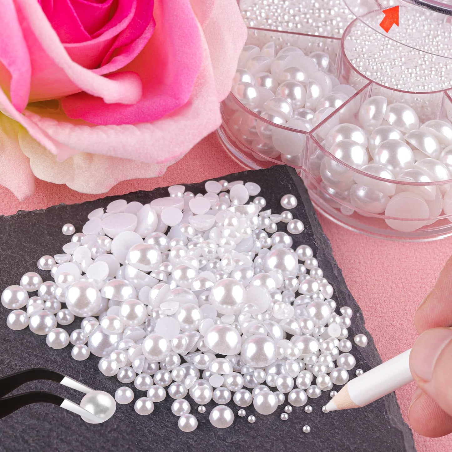 Nail Art Flat Back Half Round Pearl Kits 3, Mixed Sizes 6000 Pcs White Small Pearls for Nails with Picking Tools for Graduation Cap Decorations Home