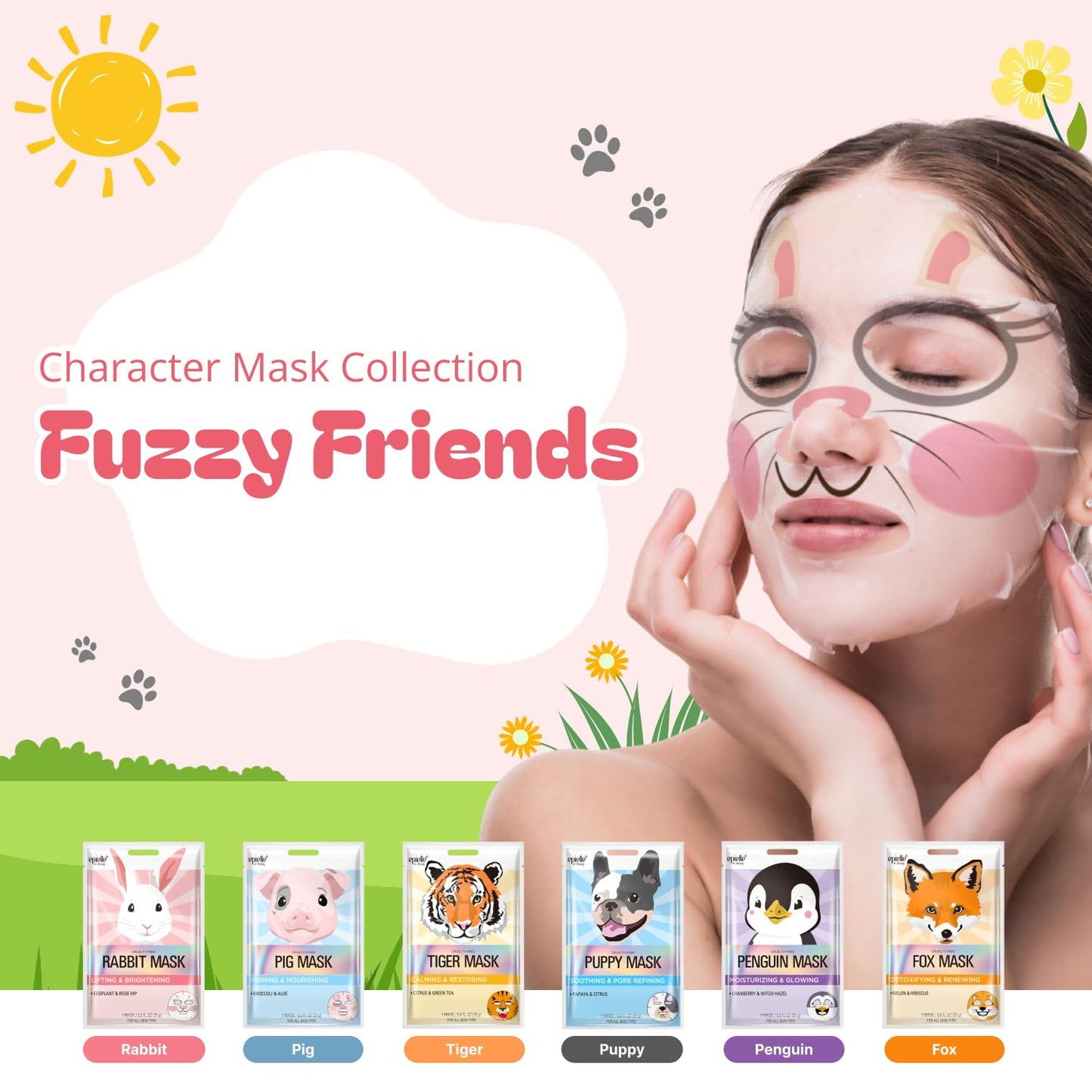 Epielle Character Face Mask Fuzzy Friends 6 Pack, Fun & Effective Korean Skin Care, Spa Party Favors, Stocking Stuffers, Birthday Gifts for Women