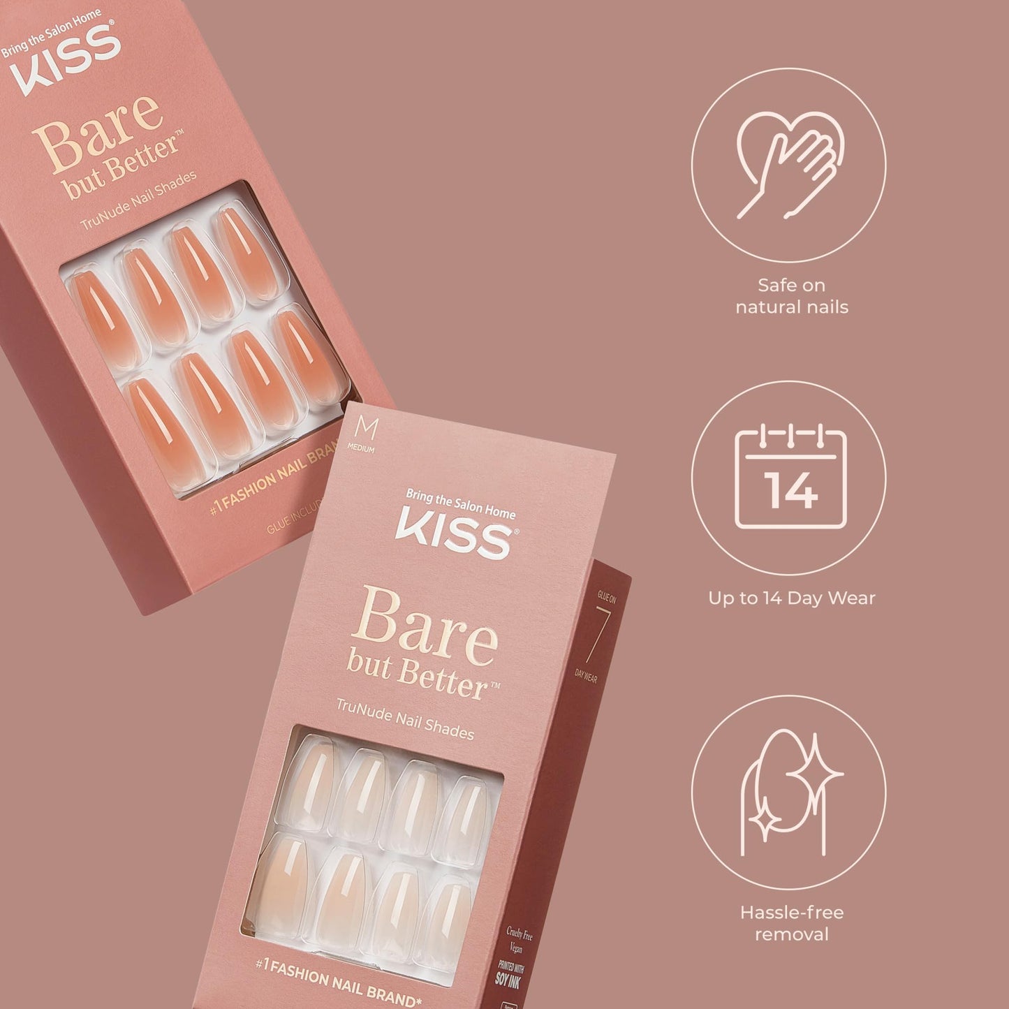 KISS Bare but Better, Press On Nails, Nail glue included, 'Nude Glow', Color, Long Size, Coffin Shape, Includes 28 Nails, 2g glue, 1 Manicure Stick, 1 Beauty & Personal Care KISS