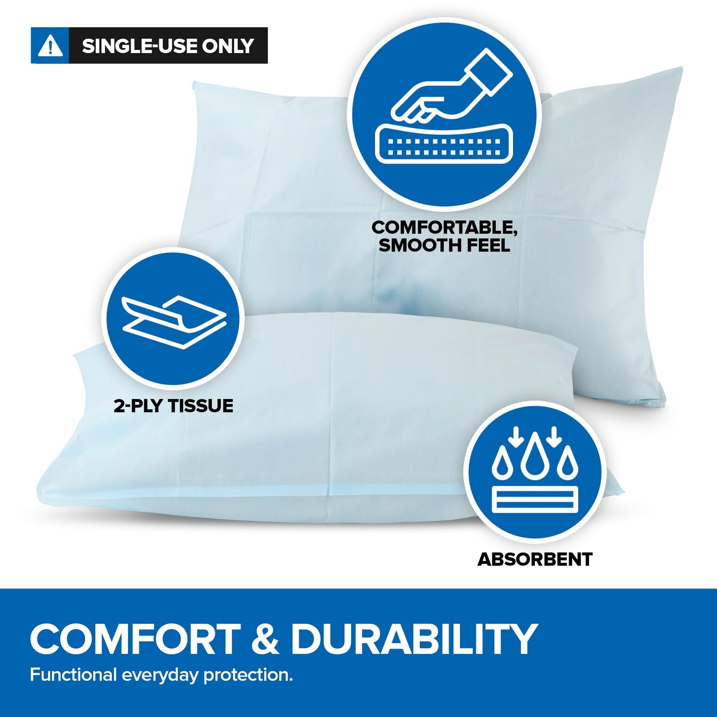 Stock Your Home (100 Count) Disposable Pillow Case Covers, Tissue/Poly 21" x 30" Standard Size, Single-Use Pillowcases with Moisture Barrier in Blue