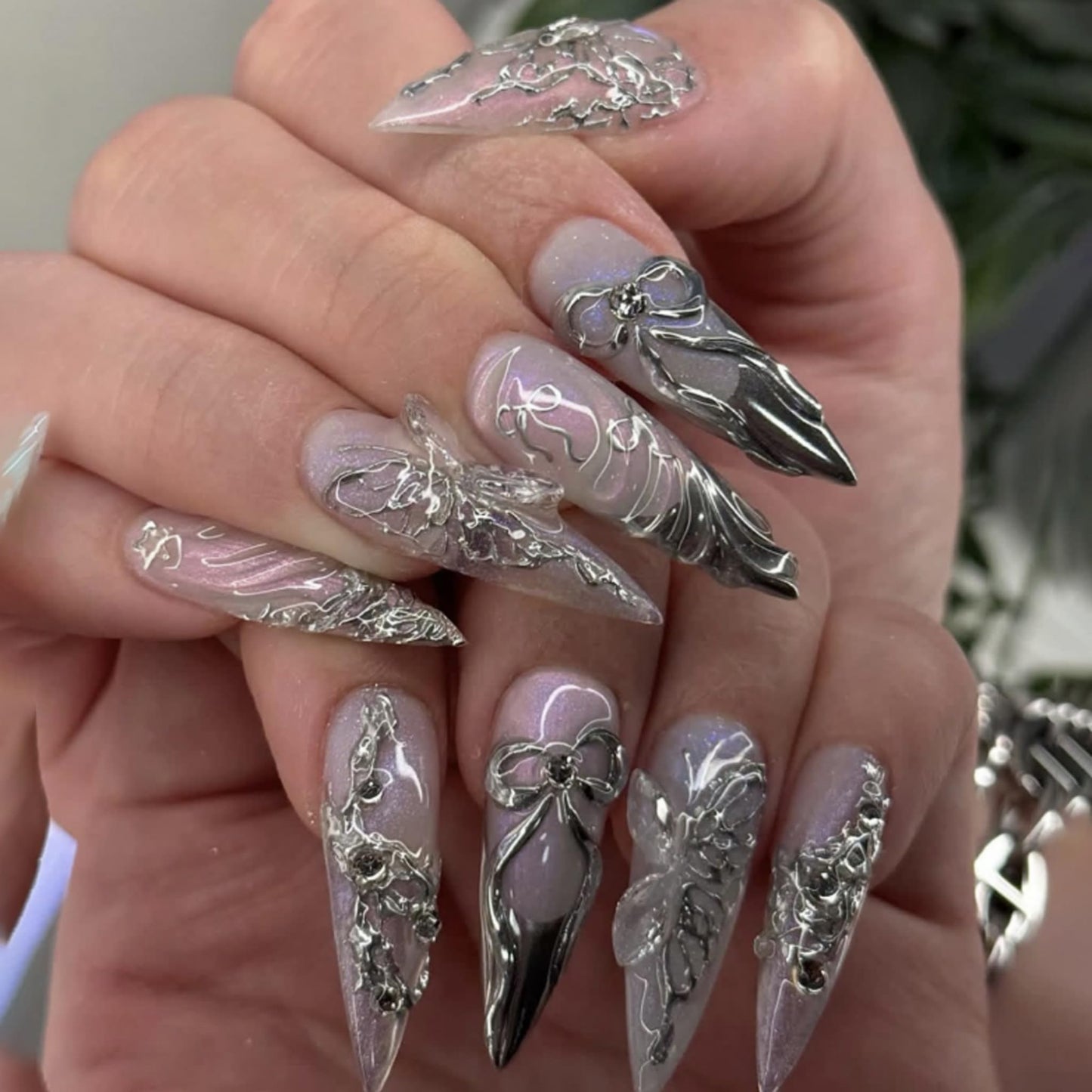 SEENEEY Long Press on Nails Stiletto Fake Nails Silver Artificial Nail Butterfly and Bow Designs Sparkly Stick on Nail for Women 24pcs Beauty and Personal Care SEENEEY Default Title