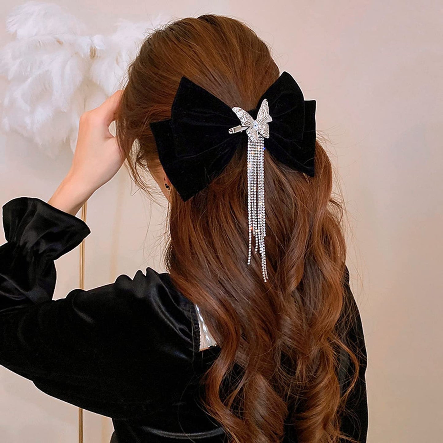 Wekicici Butterfly Rhinestone Hair Clips with Tassel Barrettes and Huge Soft Bows for Women and Girls (Black)